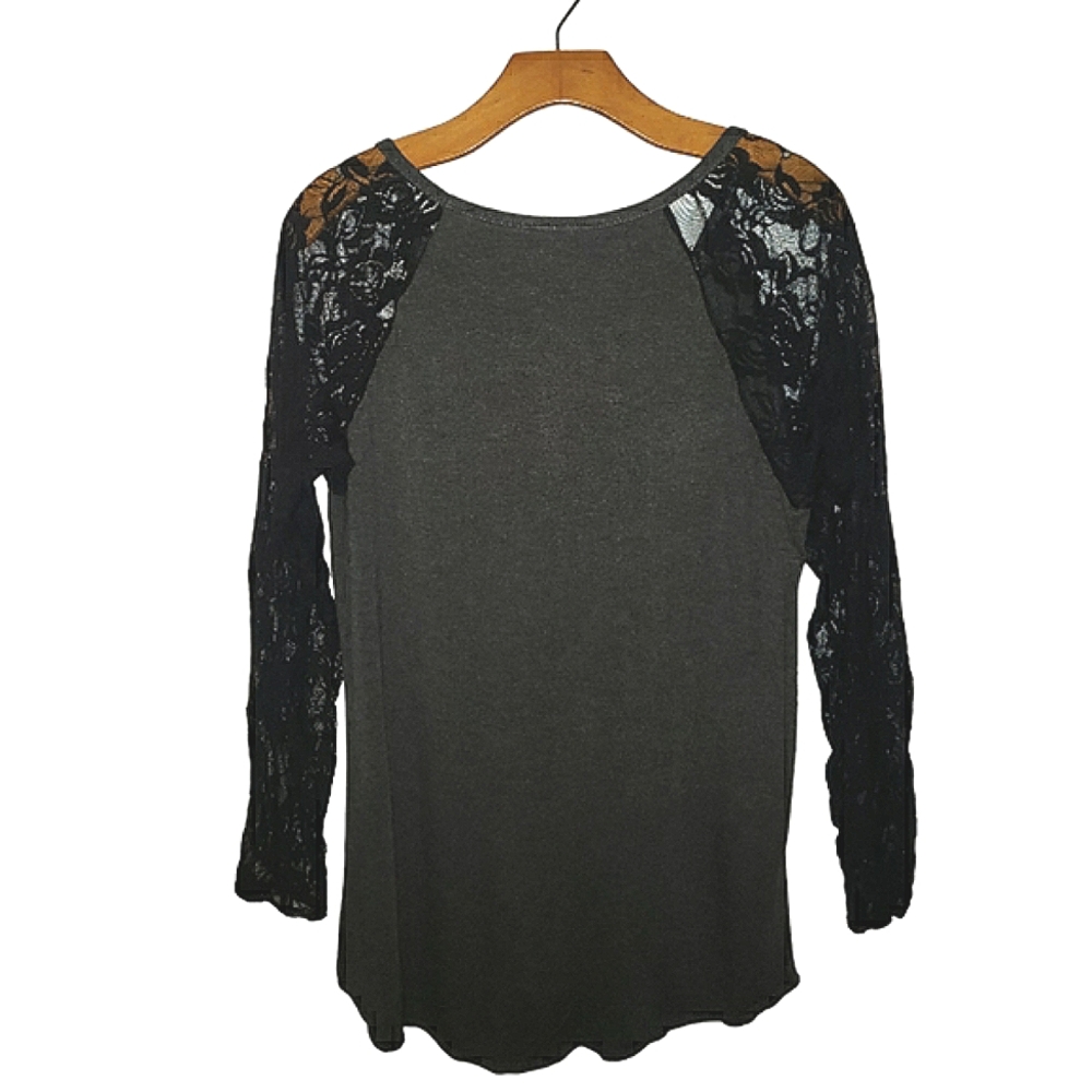 Goo Yoo Sheer Floral Black Lace Raglan Sleeves High Low Hem Gray Tunic Top M/L - Picture 12 of 16